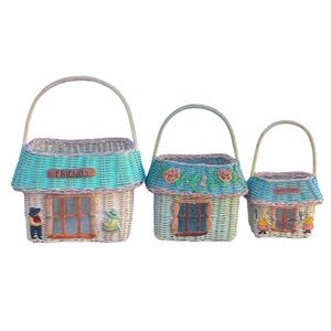 Set Of 3 VINTAGE PAINTED WICKER BASKET IN SHAPE OF A HOUSE/COTTAGE, WITH HANDLE
